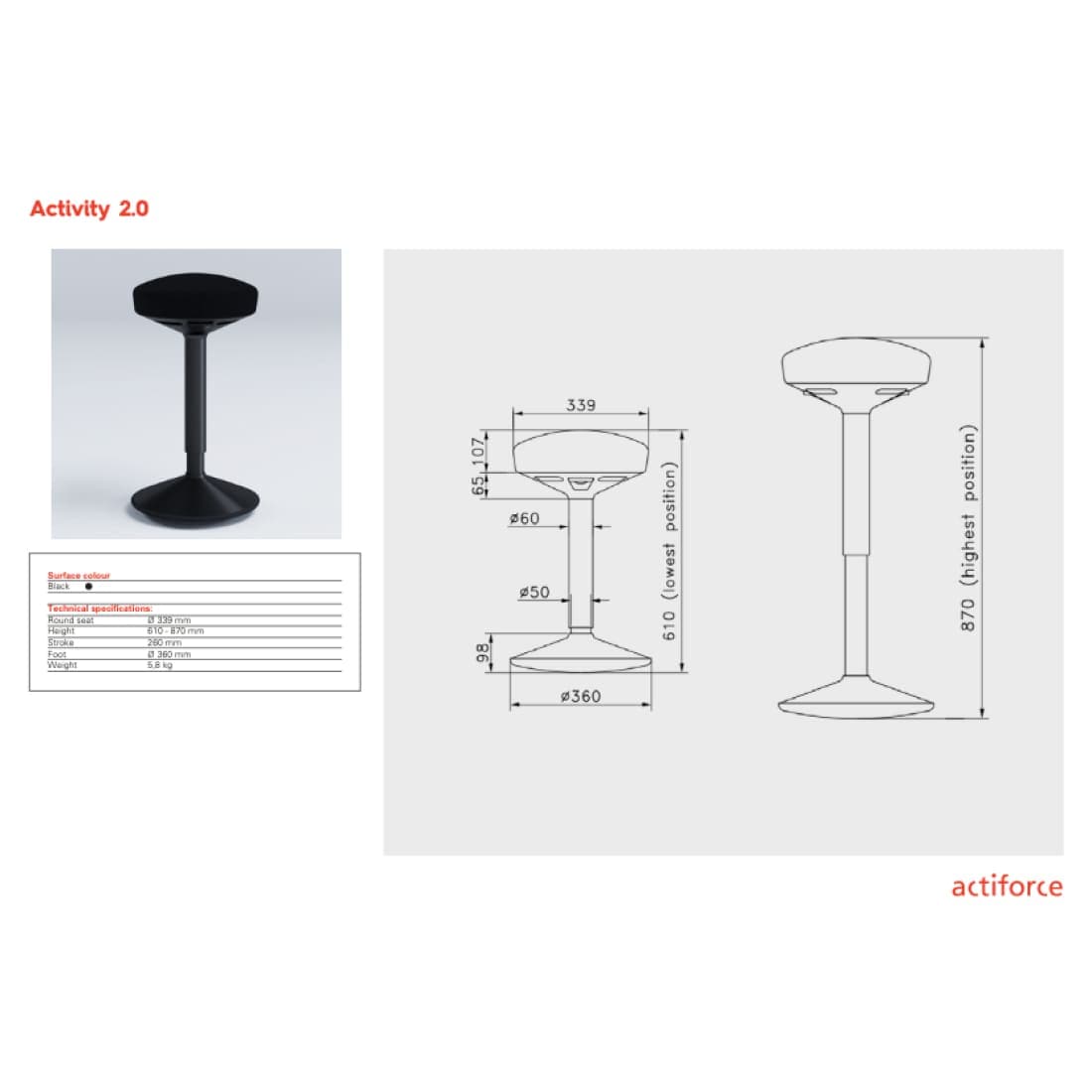 Activity Stool 2.0 Balanskruk 610-870mm gasveer - Zit-sta