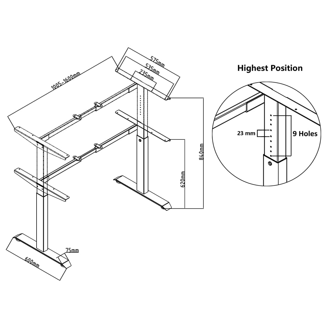 Verstelbaar Bureau 62-84cm Onderstel Wit (RAL9016) - 