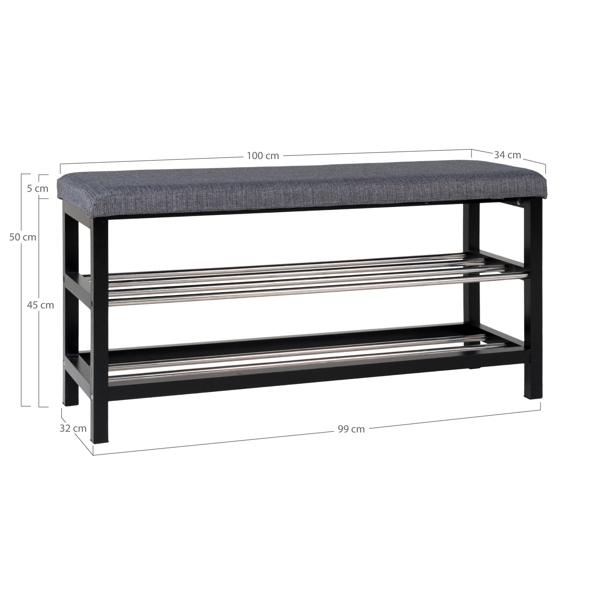 Padova Bench - Bench with cushion and 2 shelves, grey with black legs, 100x34x50 - House Nordic - Bench- Workliving