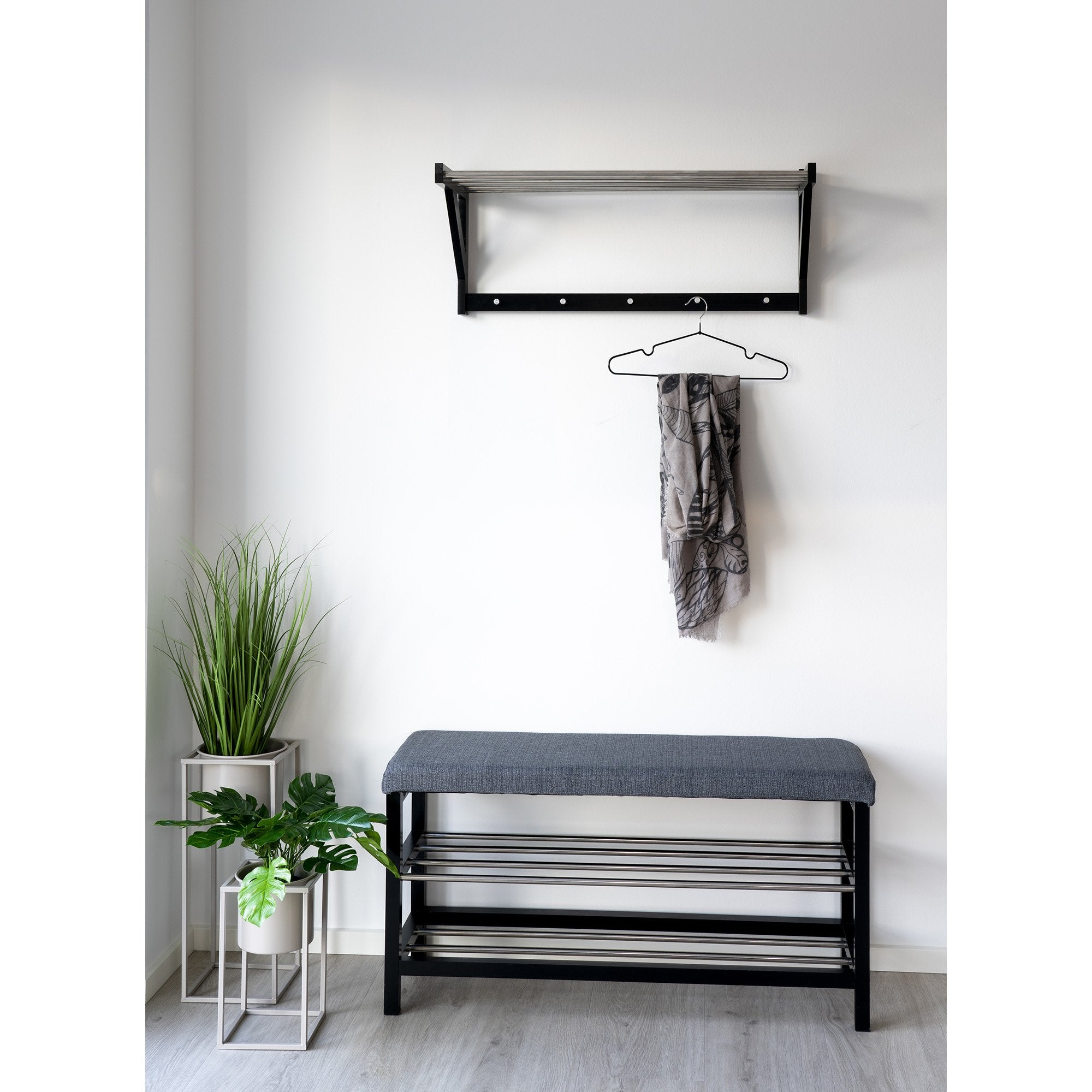 Padova Bench - Bench with cushion and 2 shelves, grey with black legs, 100x34x50 - House Nordic - Bench- Workliving
