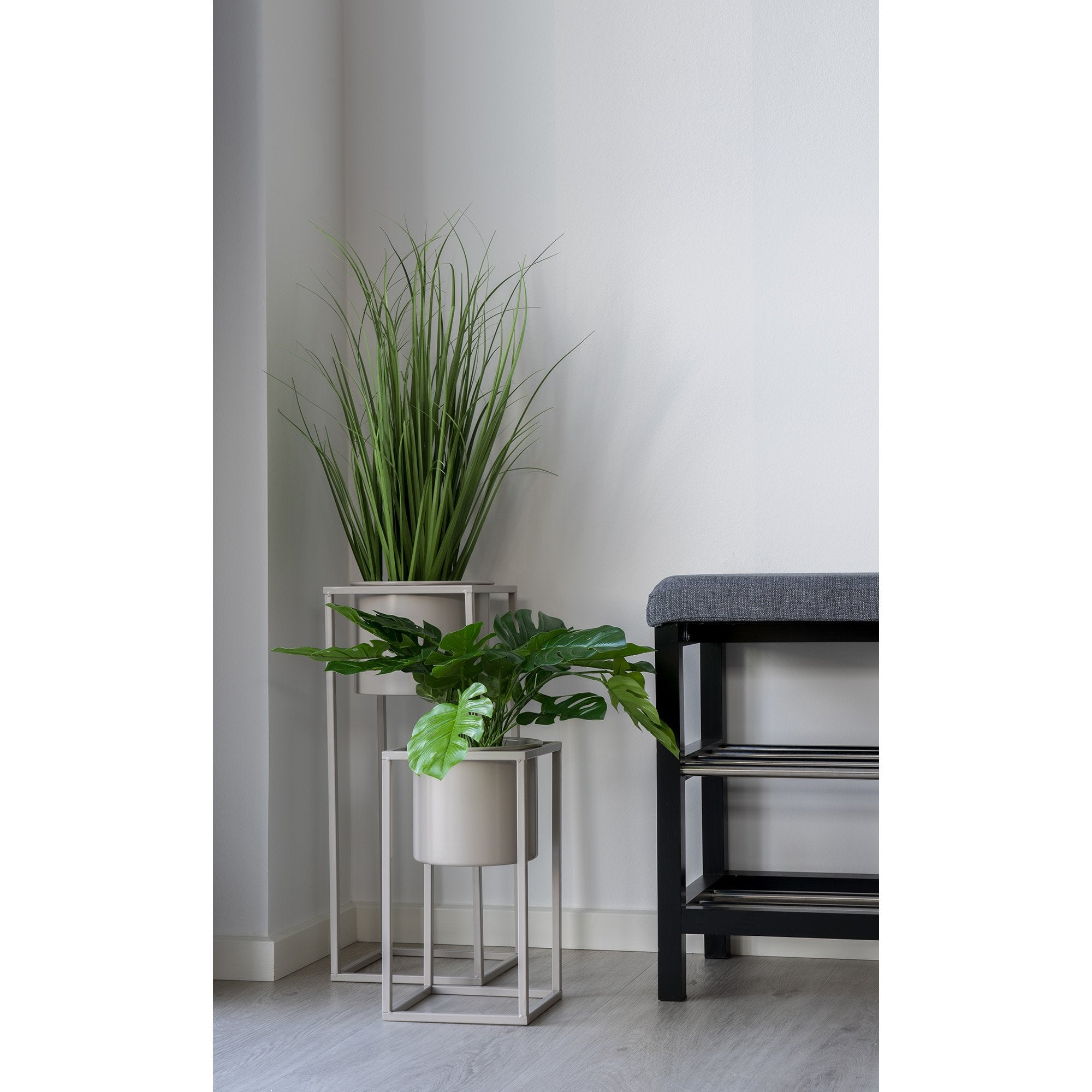 Padova Bench - Bench with cushion and 2 shelves, grey with black legs, 100x34x50 - House Nordic - Bench- Workliving